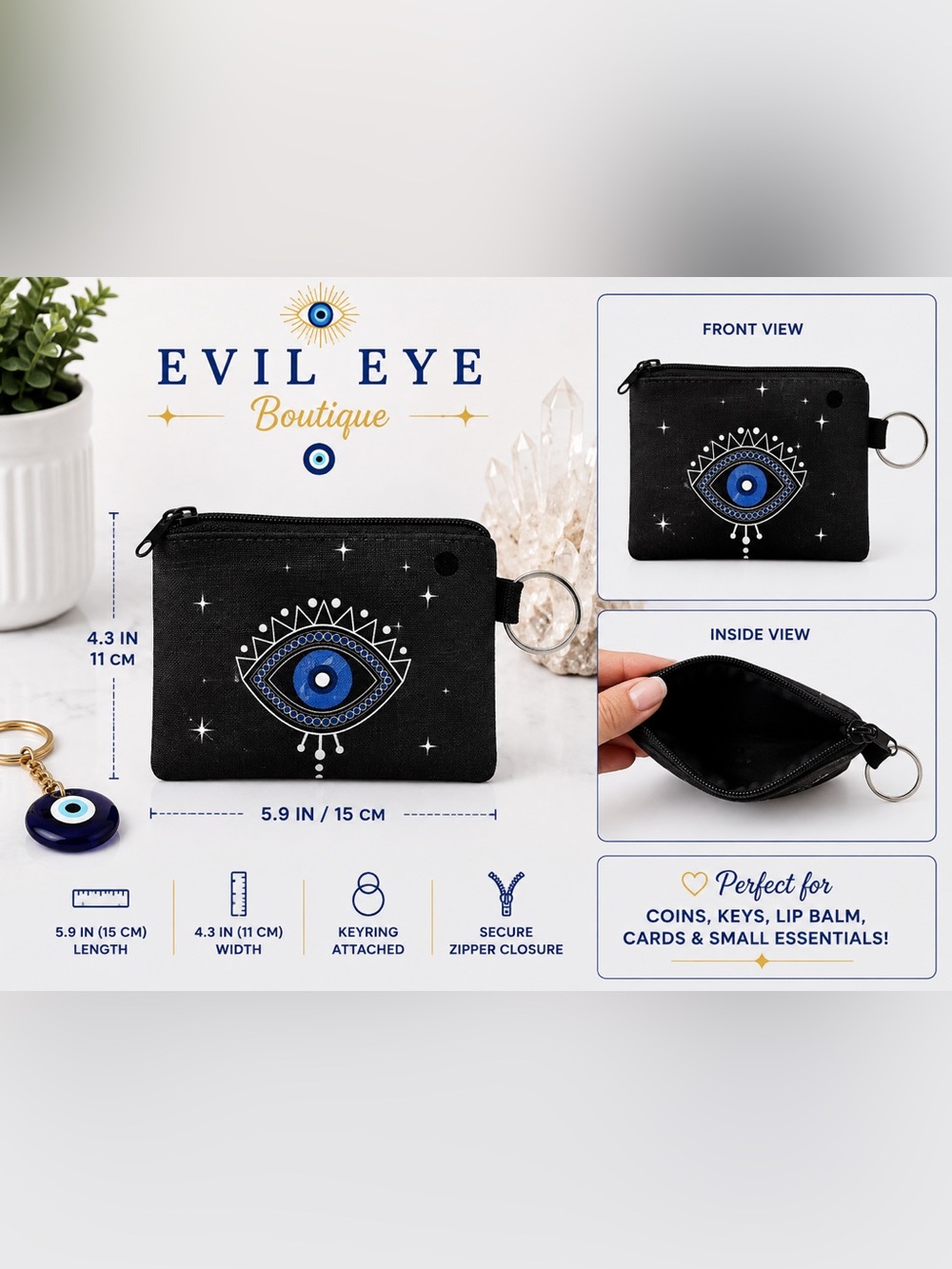 🧿Black Coin Pouch with Blue Eye Design